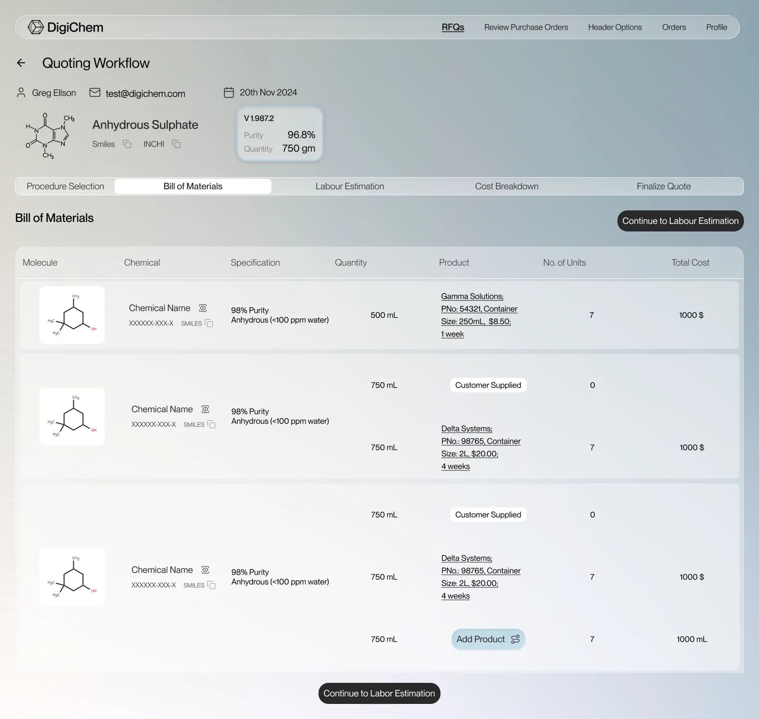 DigiChem quoting workflow, bill of materials