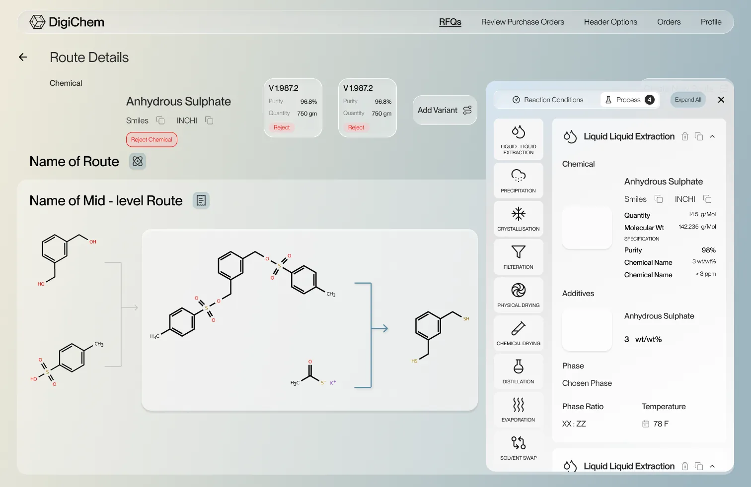 DigiChem route details with the processes panel